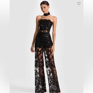 Alice + Olivia Black Lace Halter Jumpsuit comes with lace choker